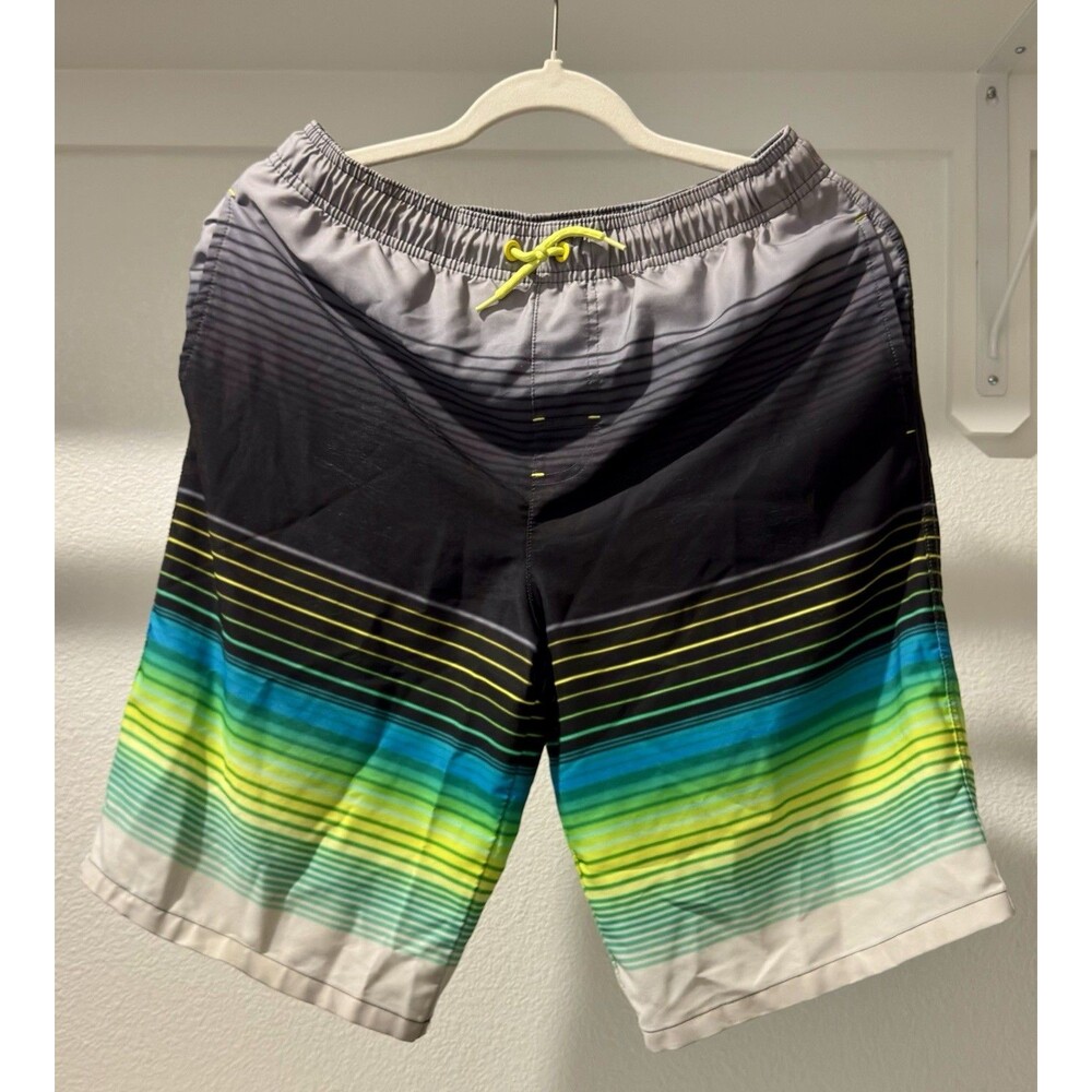 Wonder Nation Boy’s Striped Board Shorts Swim Trunks – Black/Blue/Green/Yellow